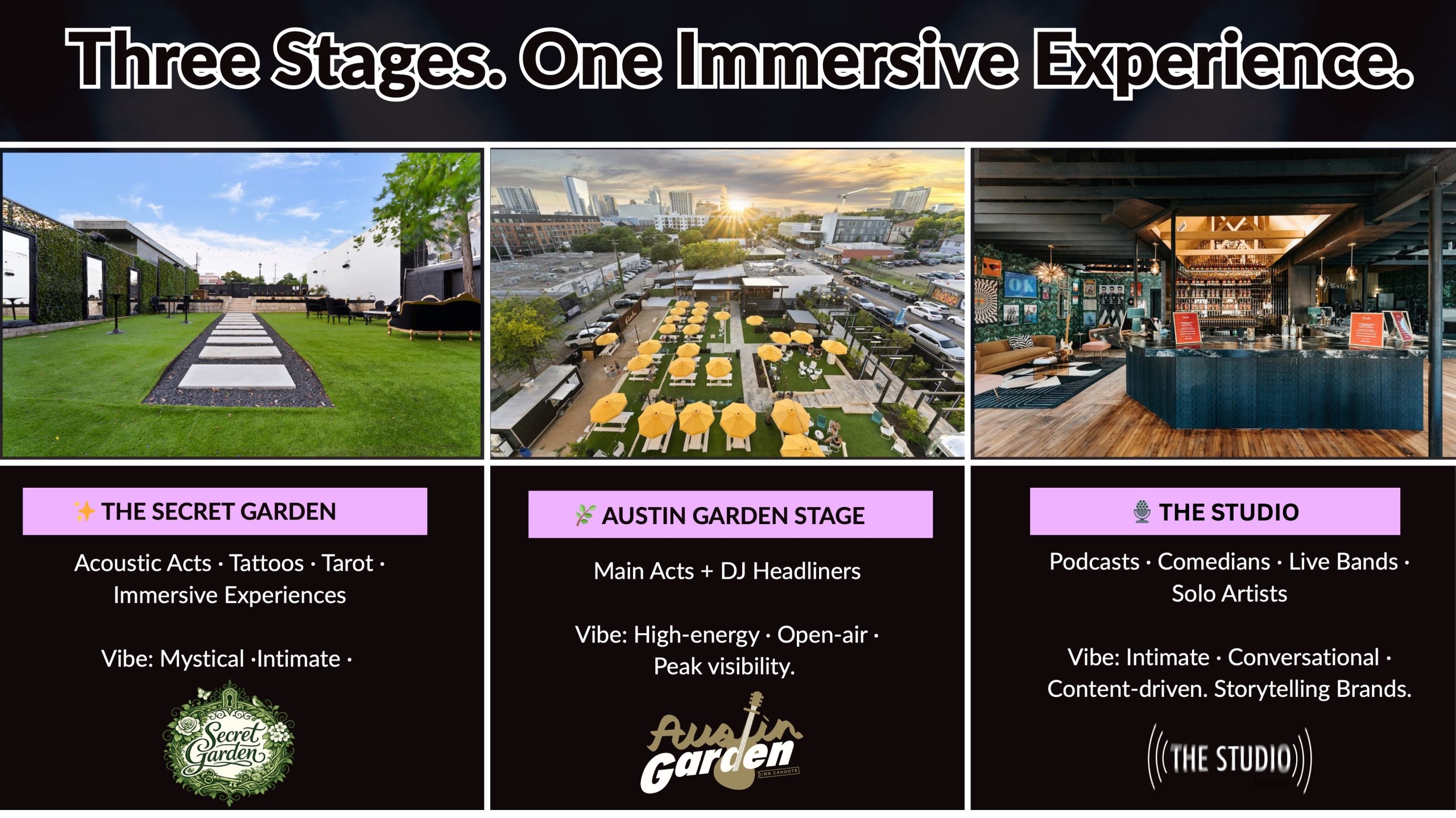 Three stages — The Secret Garden, Austin Garden Stage, The Studio
